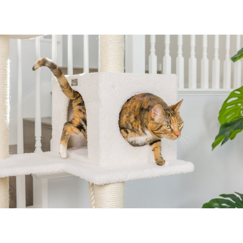 73'' Ivory Fleece Multi-Level Cat Tree with Hammock and Rope Swing