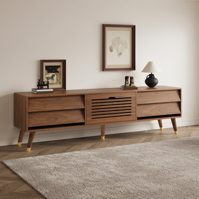 Meuble télé moderne de style Mid-Century de 180 cm (71 pouces), console multimédia en MDF plaqué noyer avec grand espace de rangement