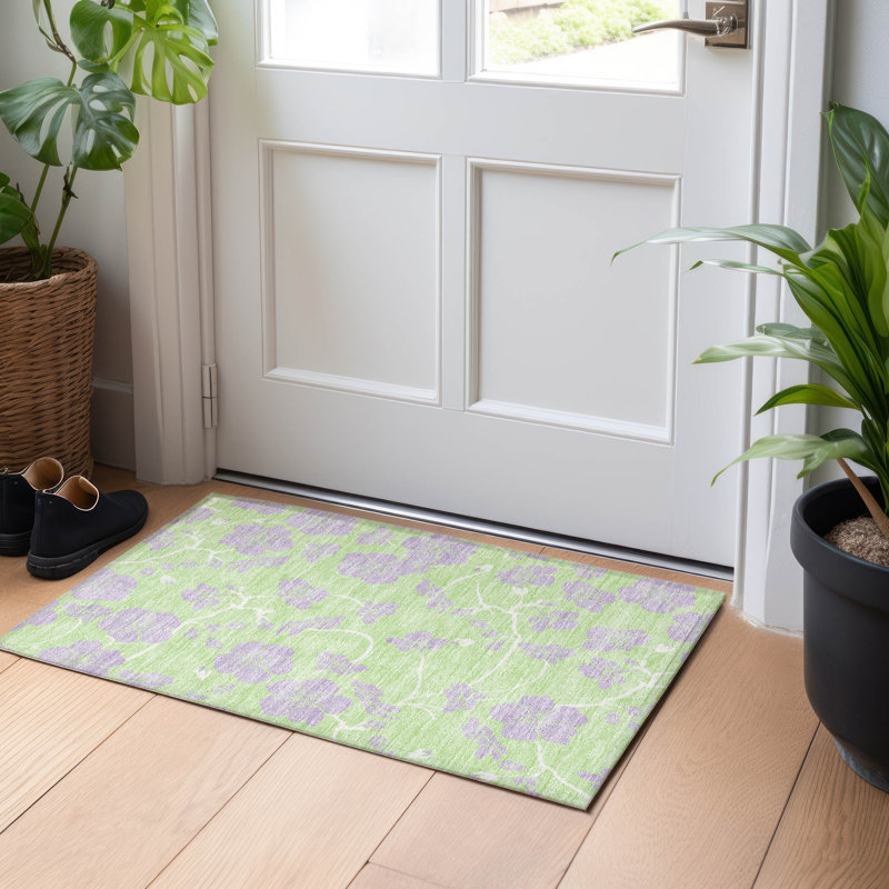 Mint Floral Synthetic Washable Rectangular Area Rug 30" x 20"