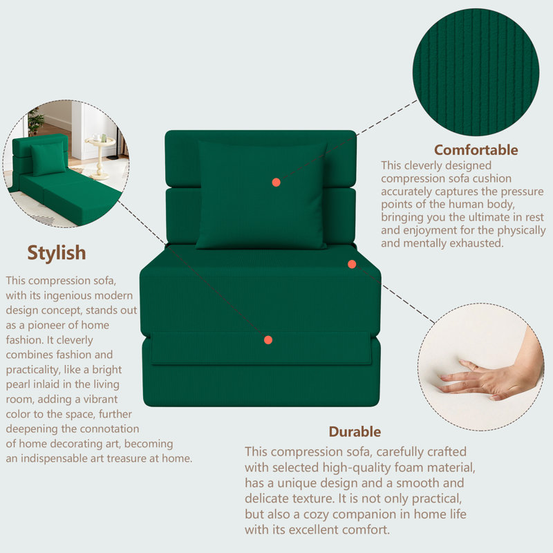 Simple Modern Convertible Folding Compression Sectional Sofa Coach (Set Of 3), Green Corduroy