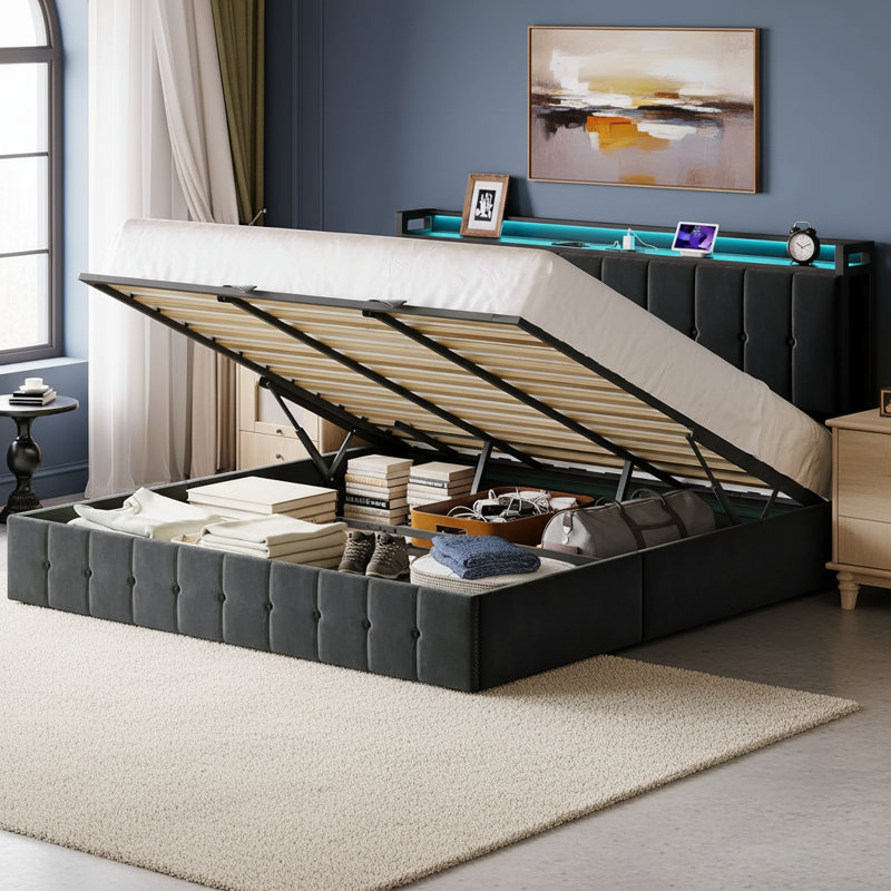 Base de lit avec rangement relevable et station de charge, Noir, Très grand lit