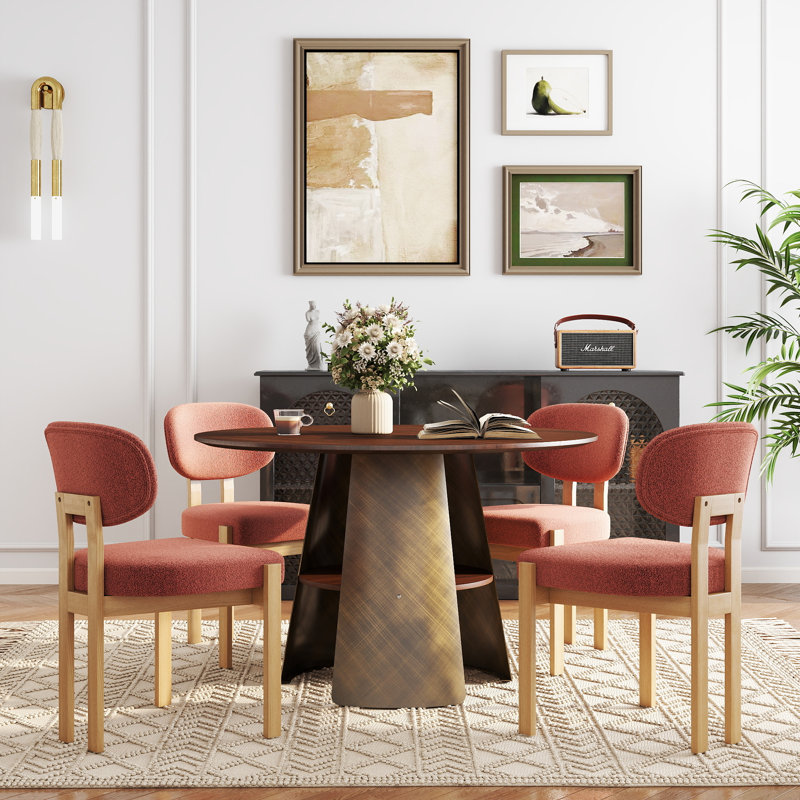 Modern Round Dining Table Set (47.25 Inches), Storage Pedestal MDF Table + Chenille-Upholstered Dining Chairs, Premium Rubberwood Frame, Versatile Dining Set For Home, Restaurants, And Small Spaces