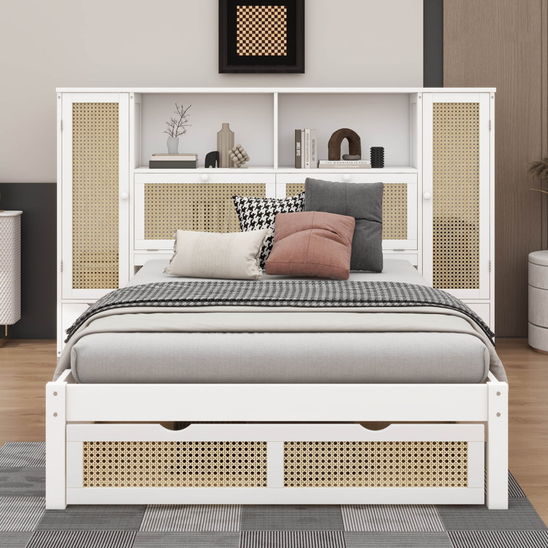 Multi-Functional Rattan Twin Size Bed With Storage Lockers And Drawer, White
