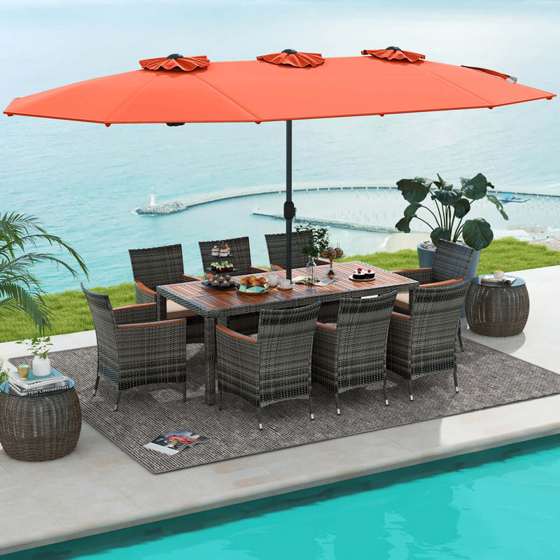 Red Barrel Studio® 10 Pieces Patio Wicker Dining Set With Double-sided Patio Umbrella 8 Armchairs Coffee, Orange