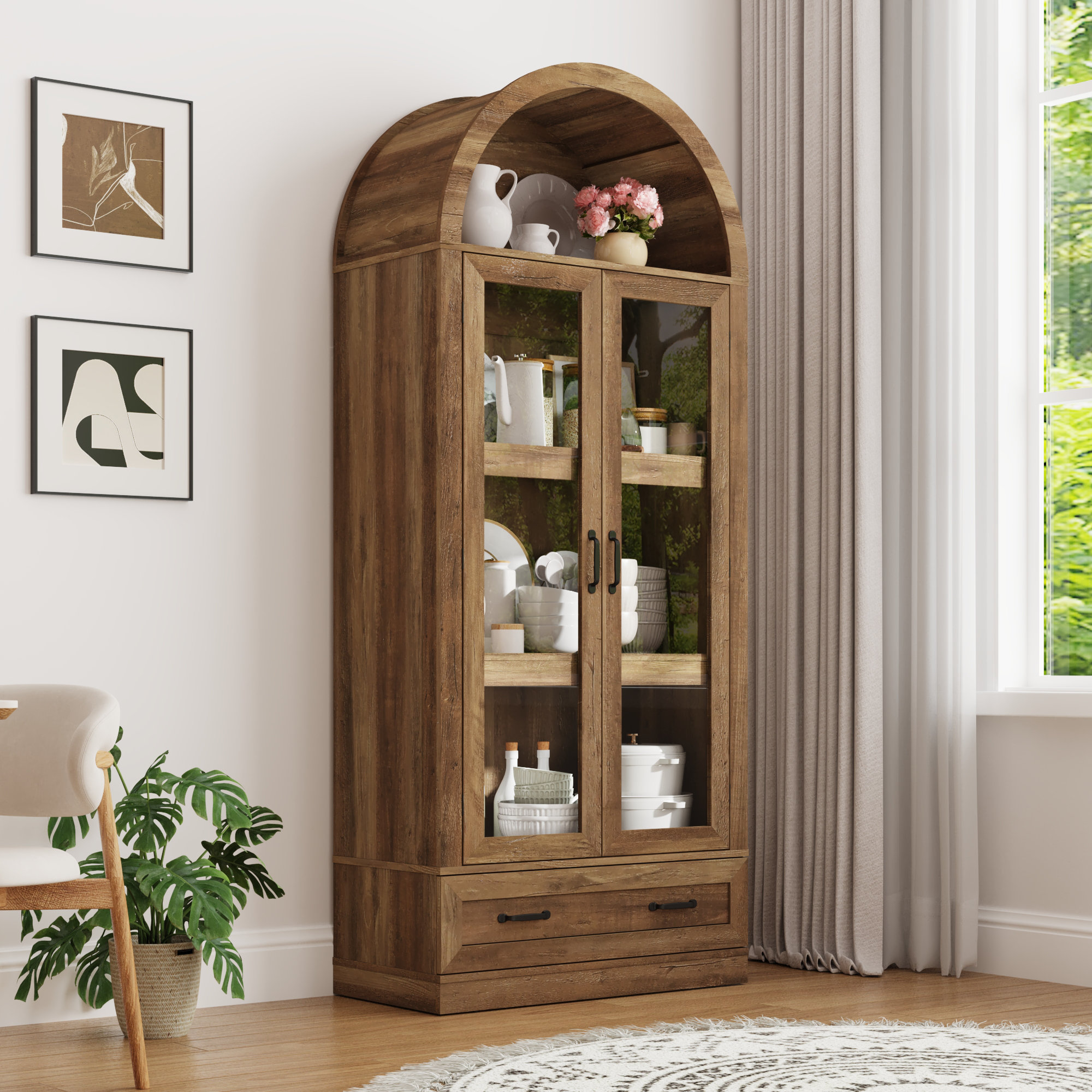 Winston Porter 75" Tall Arched Kitchen Pantry Storage Cabinet W Load-Bearing Steel Pipe, Farmhouse Kitchens Storage Cabinet With Drawer And Glass Doors, Tall Arched Bookcase, Pantry Organizer For Living Room | Wayfair