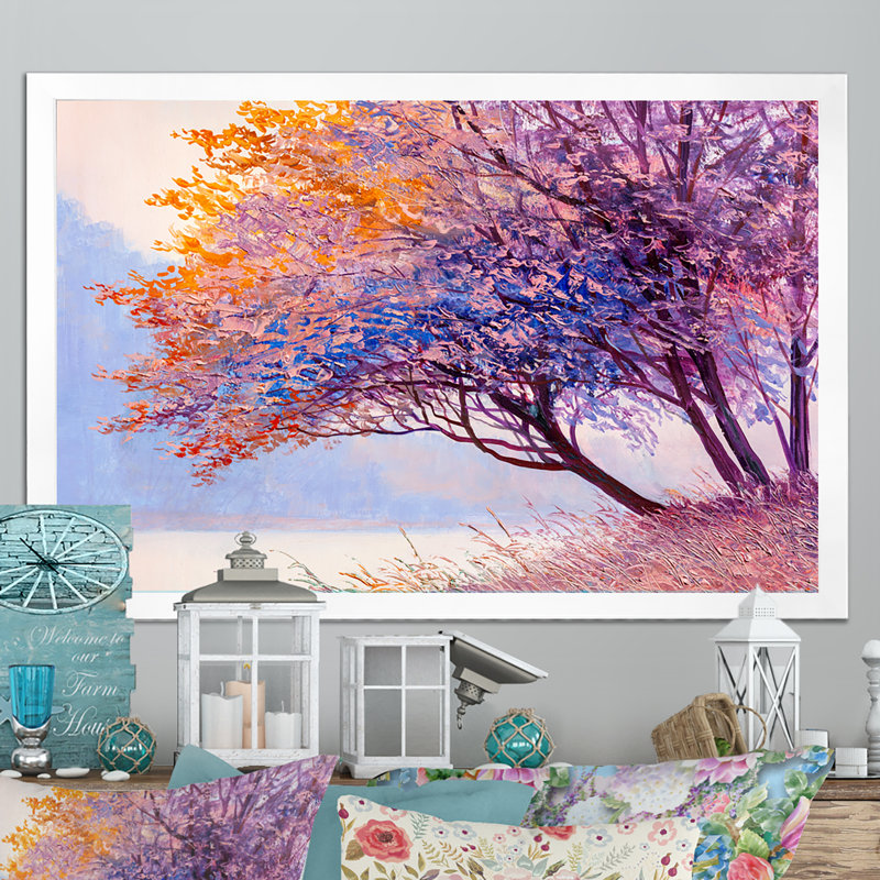 Magnifique arbre mauve sur le lac - reproduction sur toile flottante, H 16 po x l 32 po x P 1 po, Cadre photo blanc