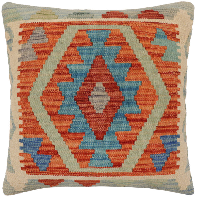 Coussin rustique Kilim, Orange / Bleu / Beige, H 20 po x l 20 po