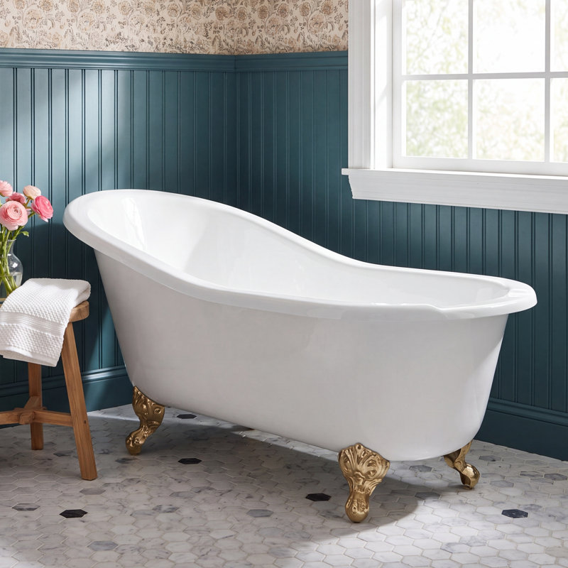 68'' x 30'' Soaking Cast Iron Bathtub, Polished Brass, White Interior with White Exterior
