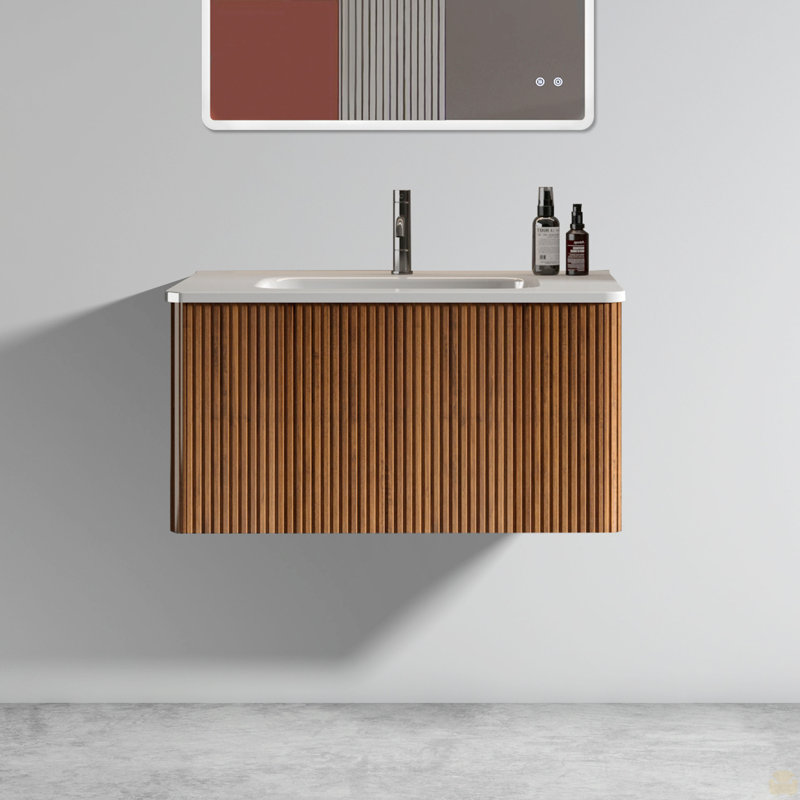 30" Striped Walnut Bathroom Vanity With White Ceramic Sink, Wall Mounted Floating Bathroom Vanity, Walnut, 30"