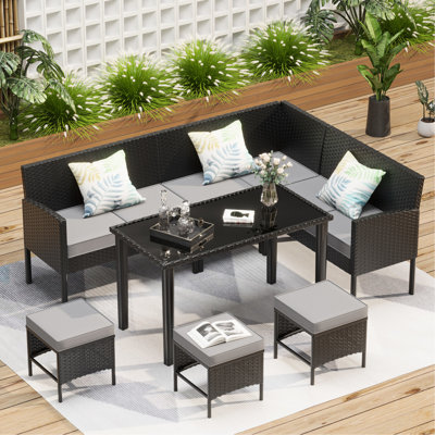 7 meubles d'extérieur, bleu et gris, peu encombrants, coussins de siège imperméables, table en verre, 7 meubles de jardin avec coussins imperméables, table en verre, conception à haut dossier, toutes saisons, bleu