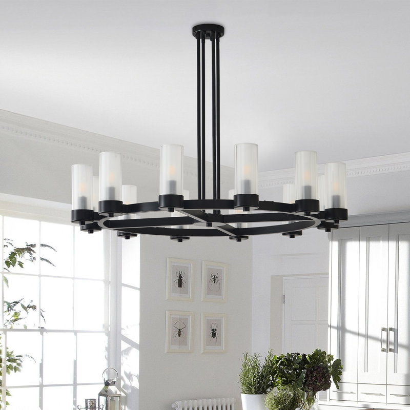 12-Light Dimmable Wagon Wheel Chandelier, Matte Black