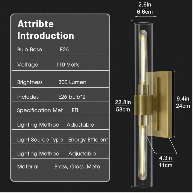 Appliques murales cylindriques en verre industriel 22,8 po Mailus (ensemble de 2) Mailus, Laiton
