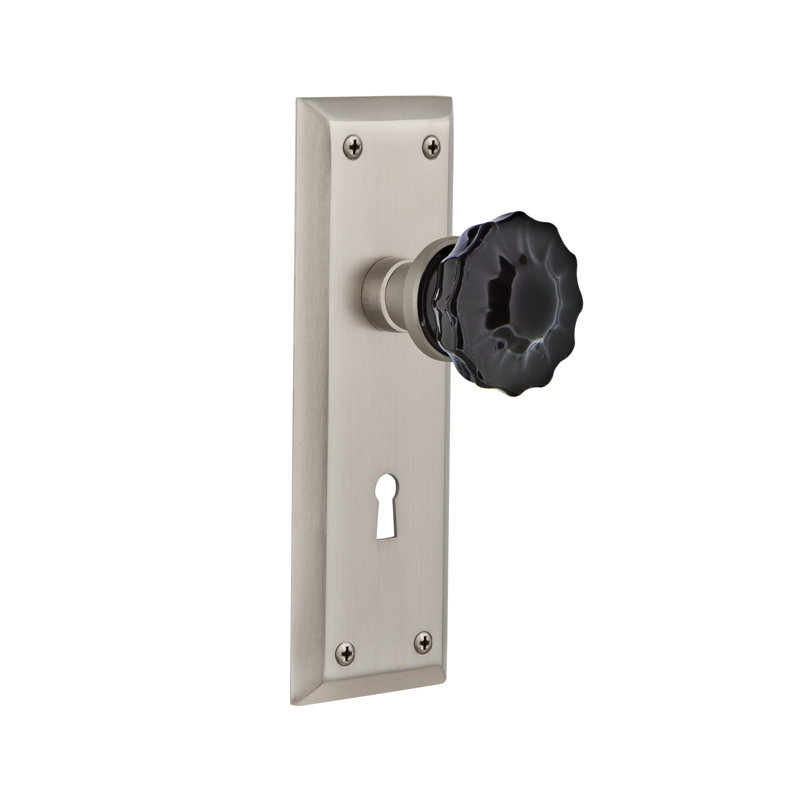 New York Plate with Decorative Keyhole and Crystal Black Door Knob, Satin Nickel, 2 3/8