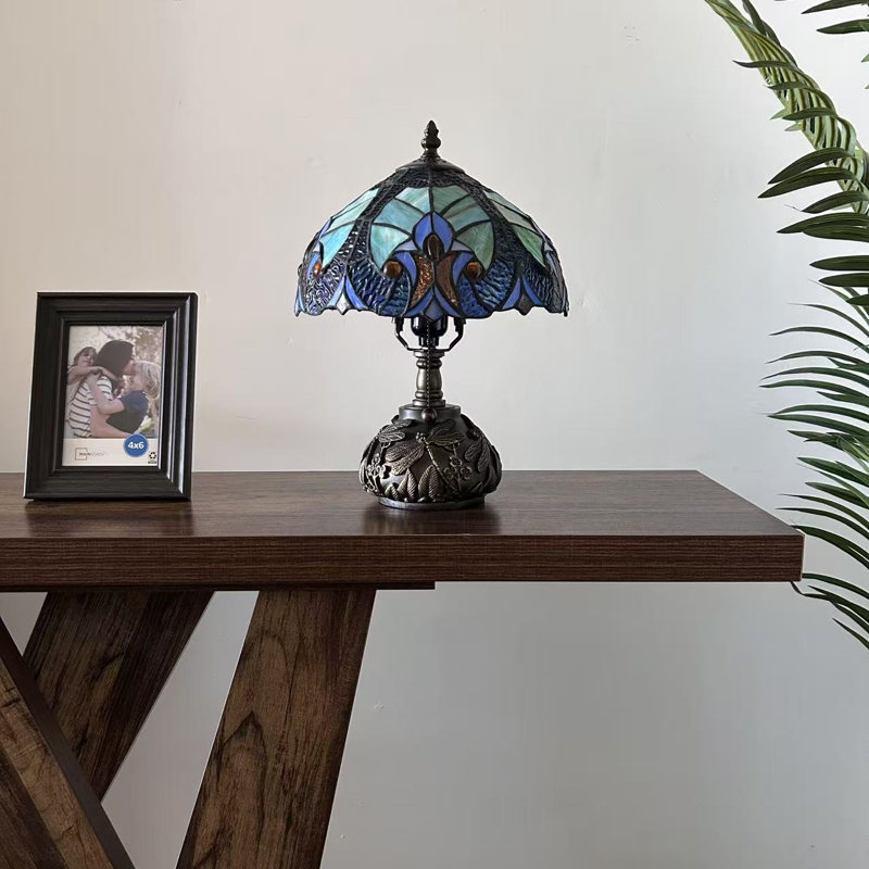 Simonetti Tiffany Table Stained Glass Liaison Lamp LED Bulb Included Dragonfly Base 10"W*10"D*14"H, Yellow/Green/Dark Blue