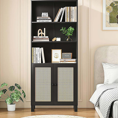 Tall Bookcase with Rattan Doors, 5 Tier Storage Wood Shelves Large Bookshelf, Pantry Cabinet Storage Cabinet for Kitchen, Living Room, Entryway