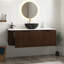Meuble-lavabo de 48 po de couleur noyer foncé avec lavabo, armoire de rangement murale à bords arrondis flottants et rayés avec 2 tiroirs, vasque en céramique noire avec motif en pierre, pré-assemblée-672664401