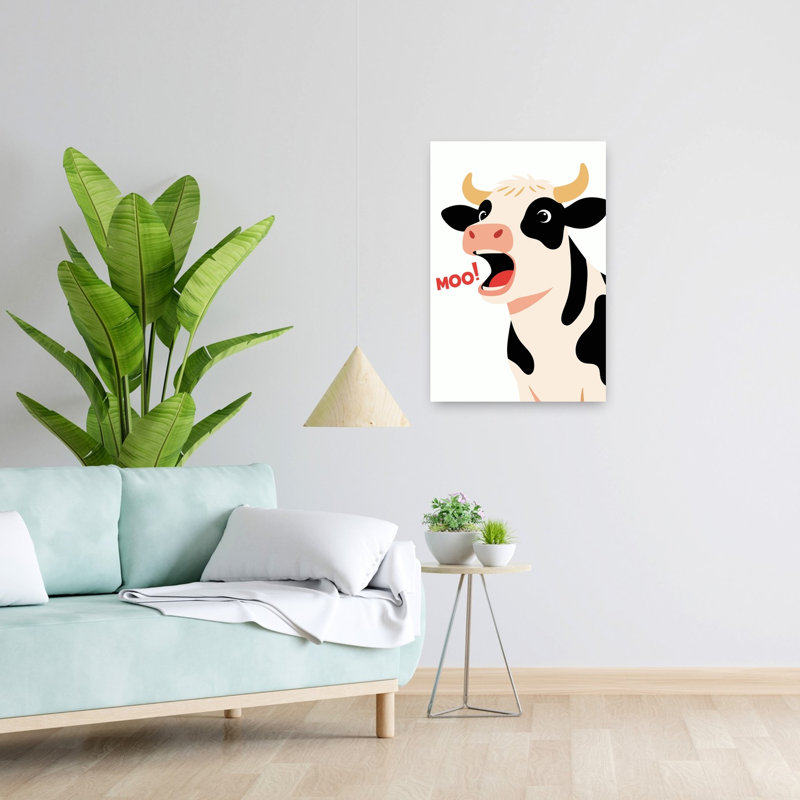 Vache drôle et meuglante - Illustration abstraite contemporaine représentant une vache dans un paysage naturel, 24" H x 16" W
