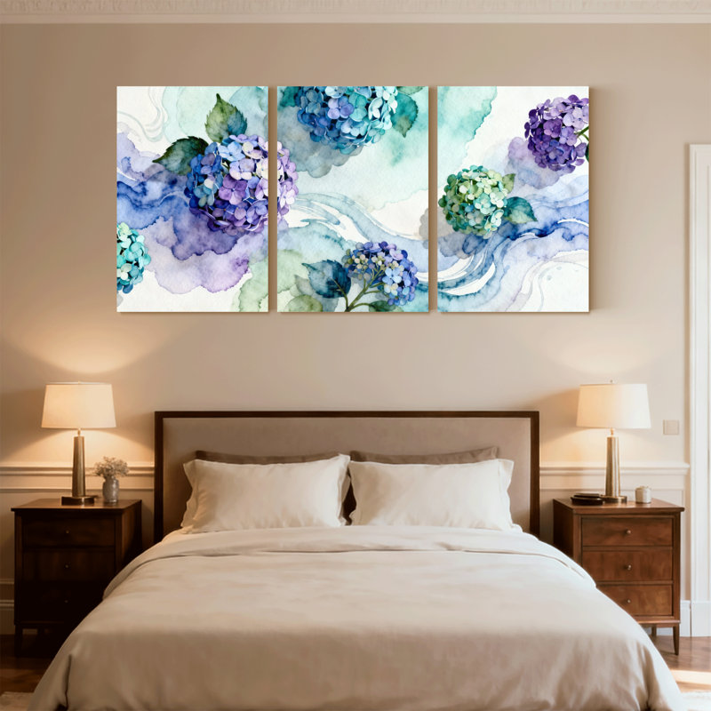 Plantes et fleurs, aquarelle, hortensia, ensemble de 3 impressions sur toile