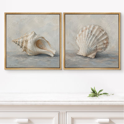 Neutral Conch And Scallop Seashell Coastal Decor Framed Canvas Master Bedroom Wall Art Work 2 Pieces Print Set