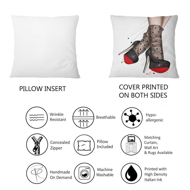 Jambes féminines avec chaussures rouges élégantes I - Coussin décoratif imprimé moderne, 16 po x 16 po, Noir