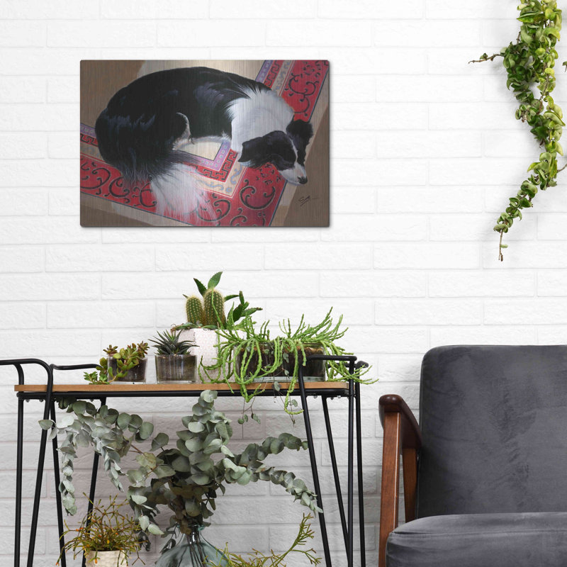 «Chien sur un tapis» par Durwood Coffey, H 12 po x l 16 po