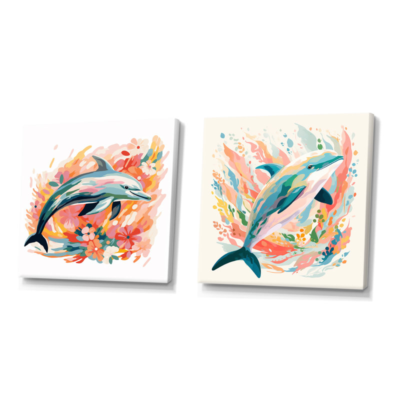 «Dive Dolphins Grace I - Dolphin», ensemble de 2 reproductions d'art sur toile, Toile tendue, H 16 po x l 33 po x P 1 po