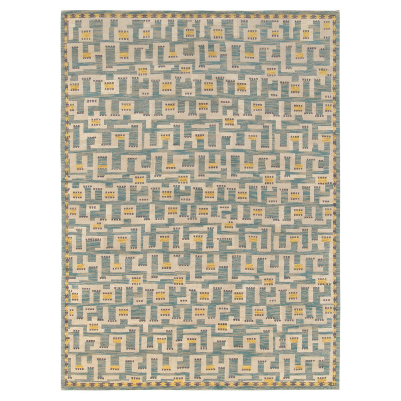 Scandinavian Hand Knotted Wool Geometric Area Rug, Rectangle 10' x 14'