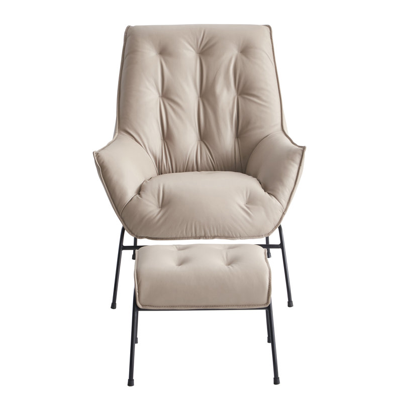 Fauteuil d'appoint capitonné avec repose-pieds Veranzano, Cuir véritable beige