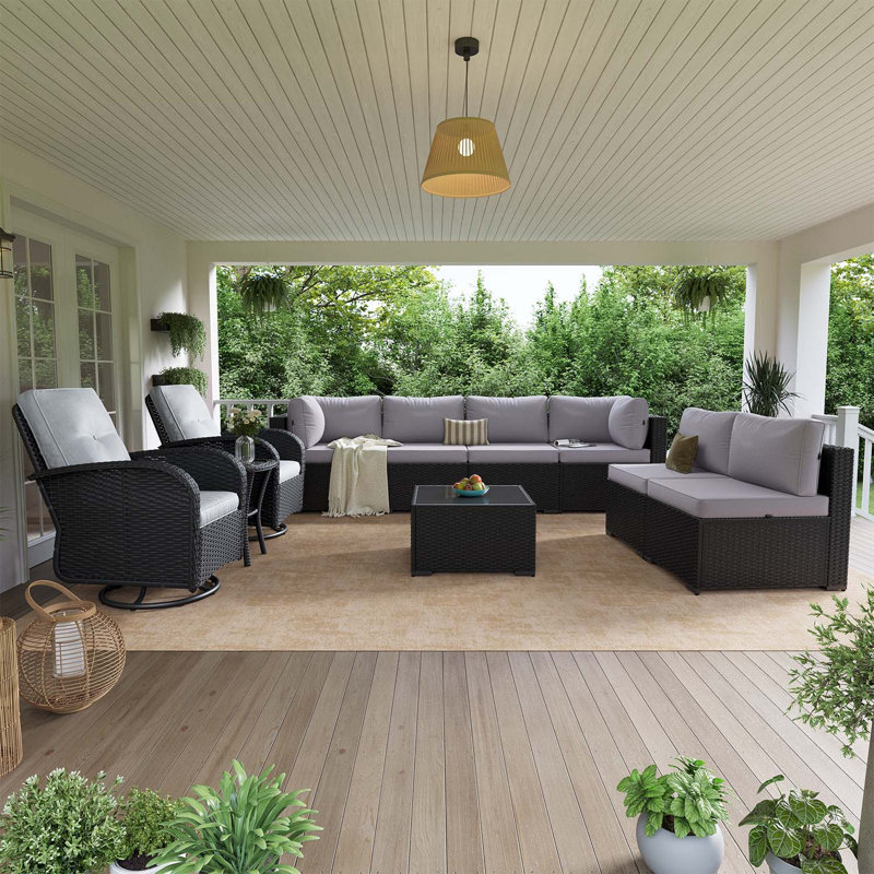 Ensemble de canapés d'extérieur en osier 10 pièces avec chaises berçantes pivotantes, Grey, Black