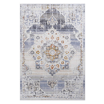 Tapis crème 5X7 avec ornement en médaillon doré