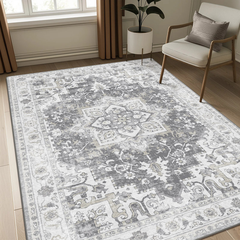 Oriental Paint Distressing Gray Machine Washable Non Slip Indoor Area Rug, Rectangle 9' x 12'