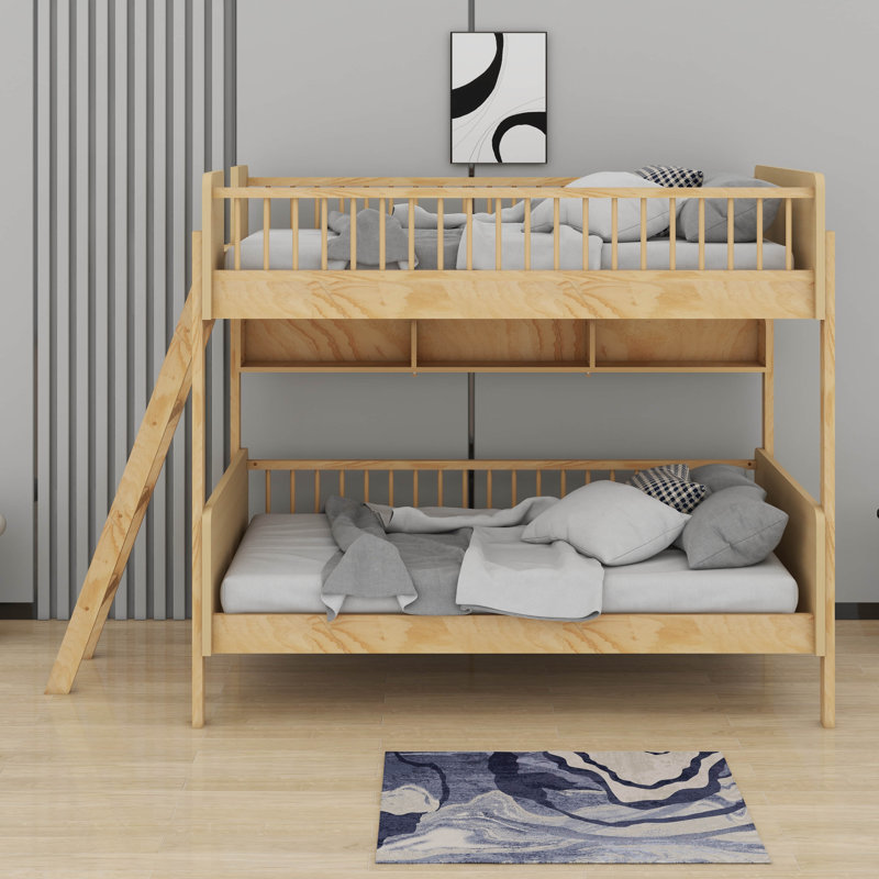 Twin Size Bunk Bed With Shelves,Ladder Can Be Changed Left Or Right, Natural