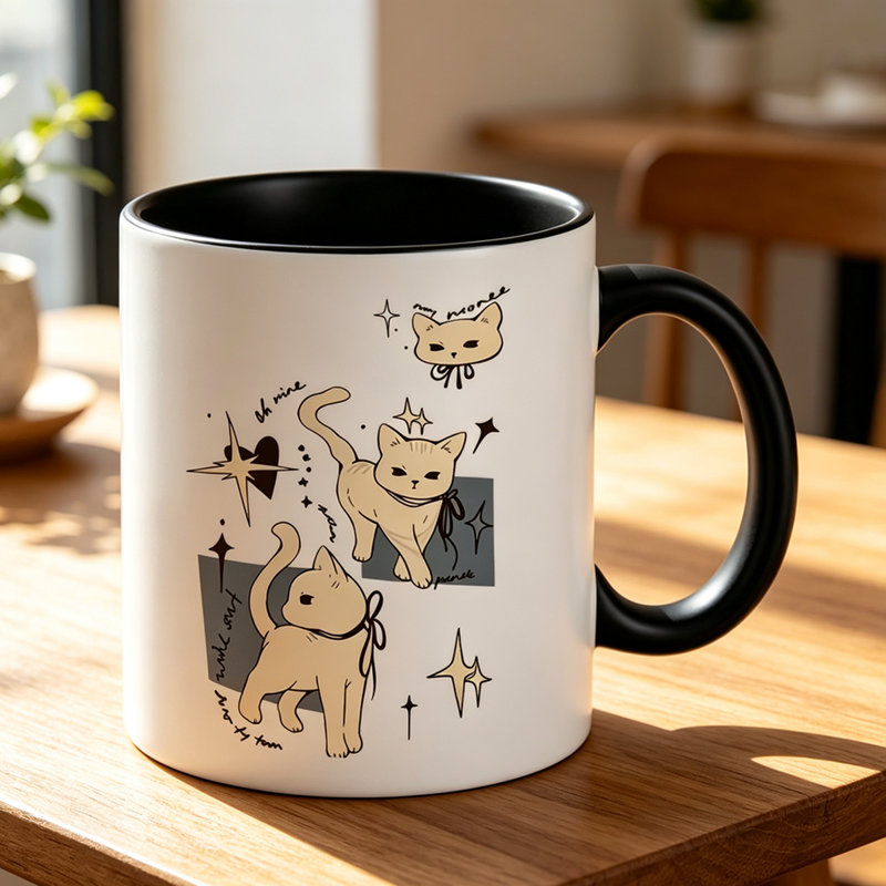 Cute Hand-Drawn Kitten Mug with Bow Tie Ceramic Coffee & Tea Cup Suitable for Cat Lovers.