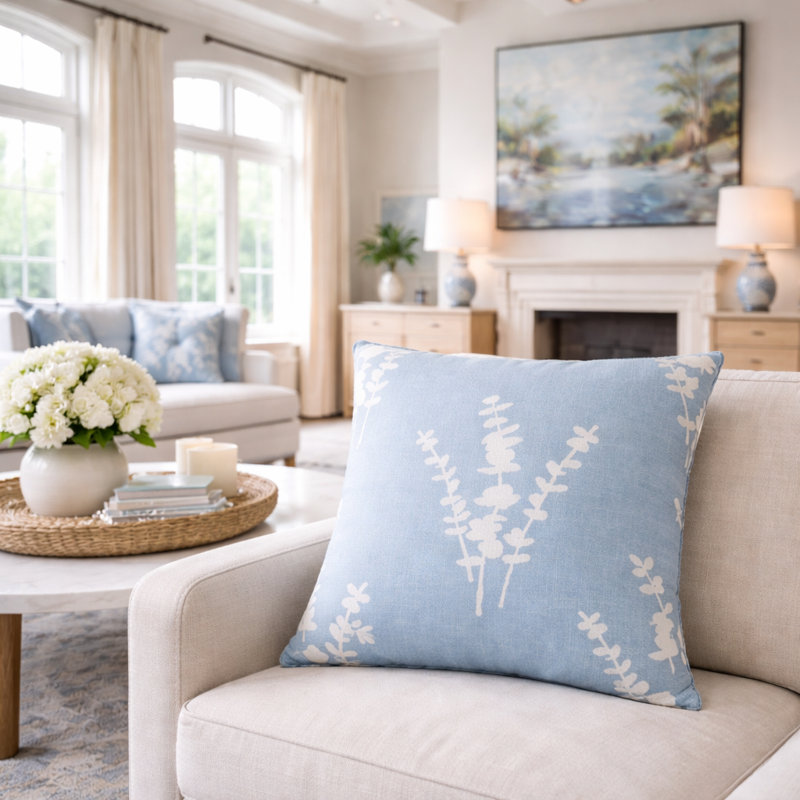 Eucalyptus Square Pillow Cover & Insert, Blue/White Floral, 24"H x 24"W
