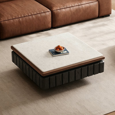 Table basse carrée en marbre blanc + planche gaufrée + finition brillante piano
