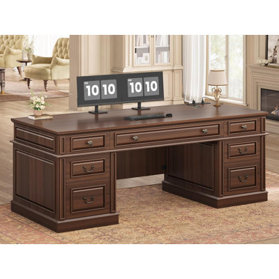 60.6" Executive Desk with 7 Drawers, Wood Computer Desk with 2 File Drawers and Charging Station for Home Office Study Writing, Walnut