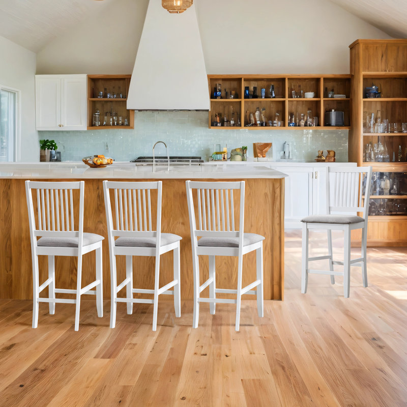 Tabourets de comptoir chic en bois à dossier à lattes avec sièges rembourrés, 4, Blanc