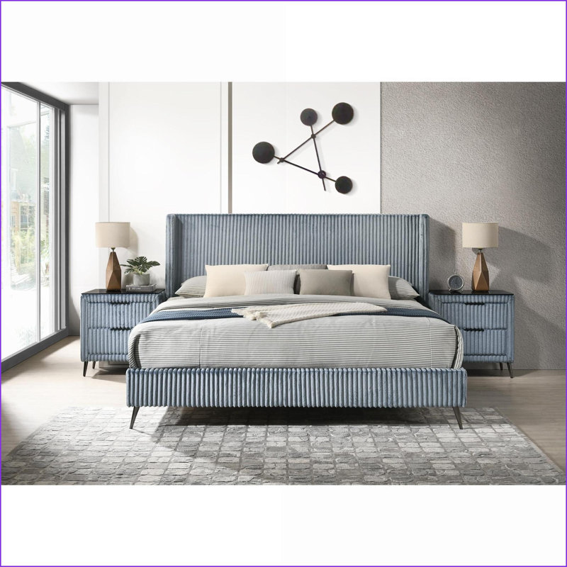 Ensemble de chambre à coucher avec lit à oreilles très grand avec 2 tables de chevet Bleu royal | Lits à oreilles | Panneau de fibres à densité moyenne et panneau de fibres à densité moyenne, rembourré
