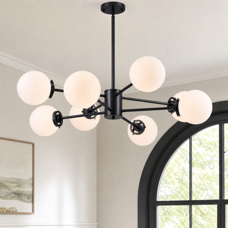 Lustre spoutnik moderne 8 lumières avec abat-jour en verre givré, Noir, 8 lumières