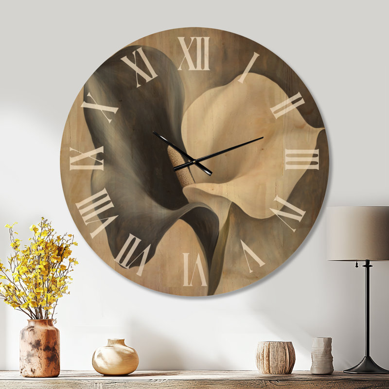 Horloge murale silencieuse à motif floral « Lys calla romantique », imprimée sur bois, Très grand