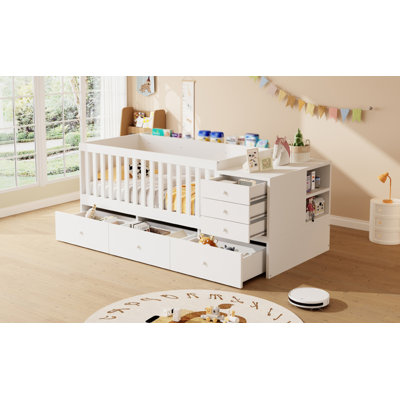 Convertible Crib to Daybed with Drawers,2-in-1 Baby Crib with  Wood Guardrails,Changing Table & Storage Drawers,Compatible with standard US toddler ma