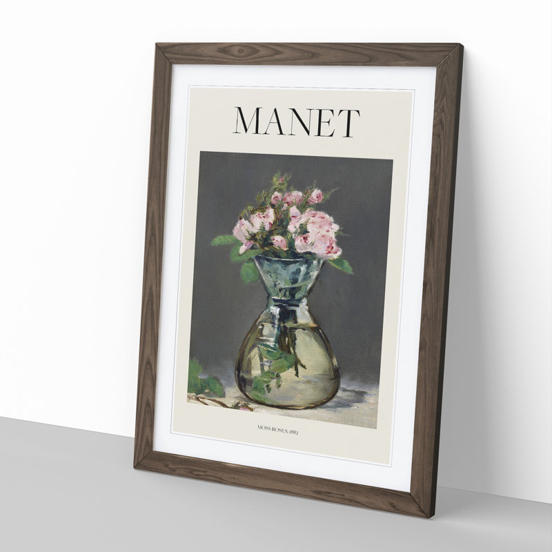 Moss Roses in a Vase by Edouard Manet - Picture Frame Painting, 36cm H x 27cm W x 2cm D, Walnut