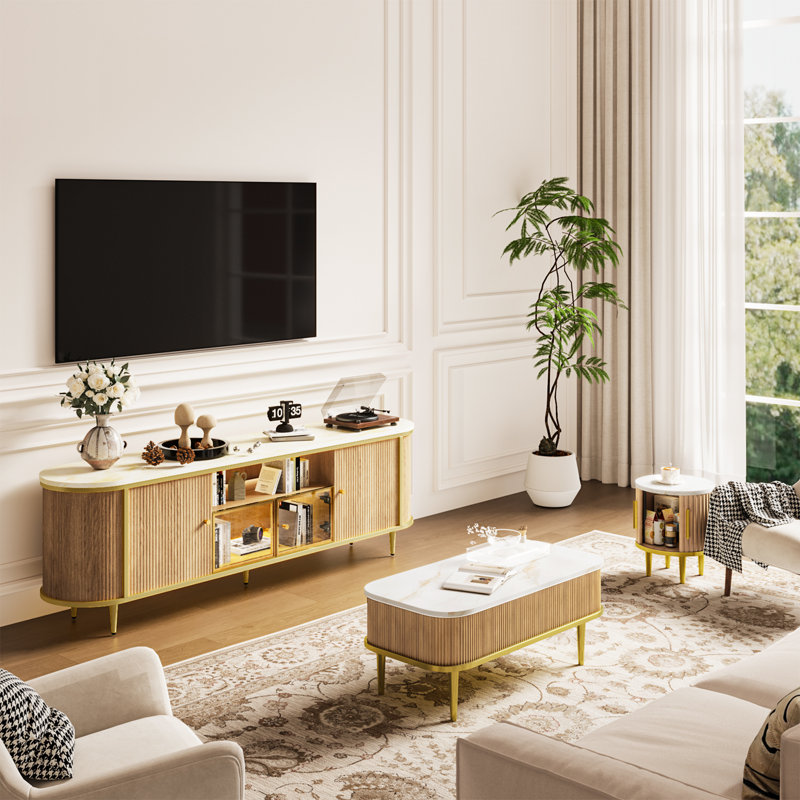 Meuble télé 70 po et table basse à plateau relevable de 70 po avec rangement, Blanc, Bois naturel / or
