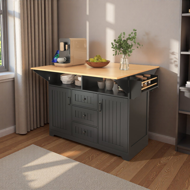 55.7'' Large Kitchen Island With 2 Drop Leaf,, Rolling Kitchen Cart On 5 Wheels With Power Outlet, Folding Storage Dining Table With Spice & Towel Rack , 3 Drawers, For Kitchen, Dining Room