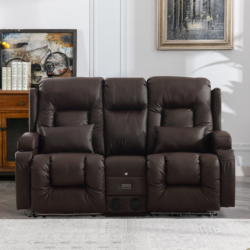 Faux Leather Power Reclining Home Theater Seating with Cup Holder, Brown Faux Leather