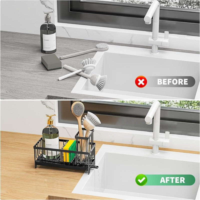 Organisateur d'évier de cuisine en acier inoxydable avec drainage automatique | Porte-brosse amovible | Conception peu encombrante