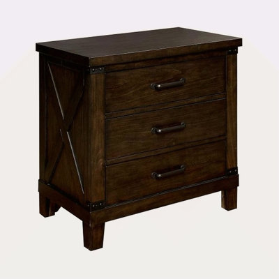 Rustic Style Dark Walnut Finish 1Pc Nightstand Bedroom Furniture Solid Wood 3-Drawers Bedside Table Black Bar Pulls