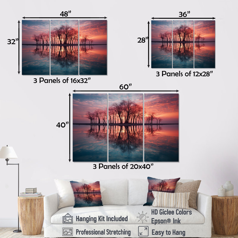 Arbre, silhouette, reflets, soirée, lac, coucher de soleil, ensemble d'art mural, H 28 po x l 36 po x P 1 po, Toile tendue