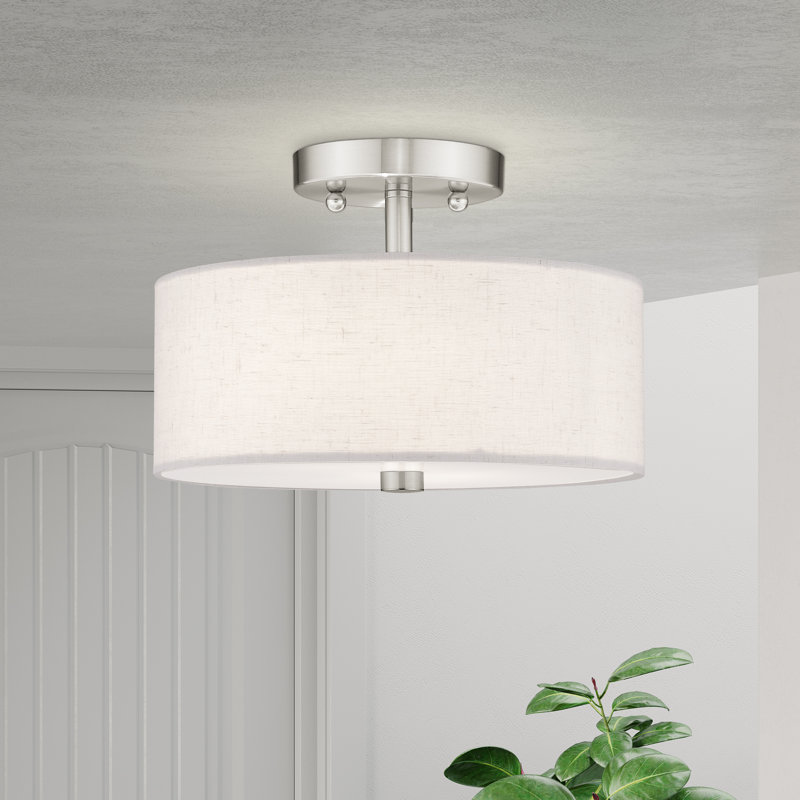 Flaire Fabric Semi Flush Mount, Brushed Nickel, 7.5" H x 11" W x 11" D