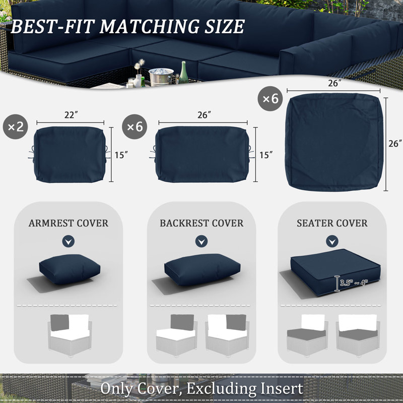 Cartert 14 Pcs Outdoor Cushion Cover Set For 4" Outdoor Cushions Patio Furniture Cushion Covers, Covers Only, Navy Blue